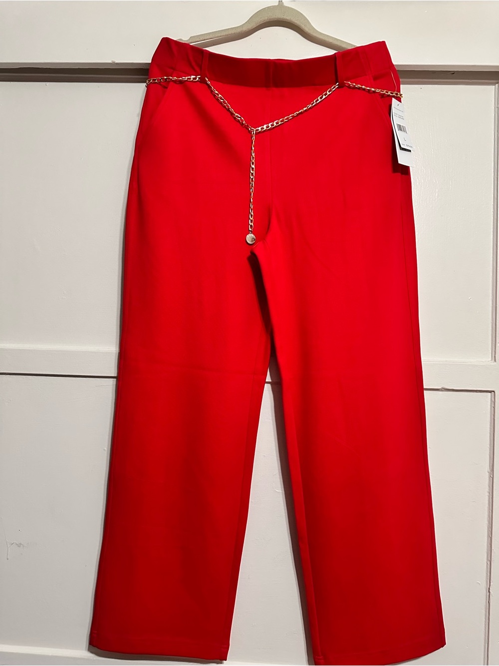 Rafaella Bold Red Wide-Leg Pants with Chain Accent